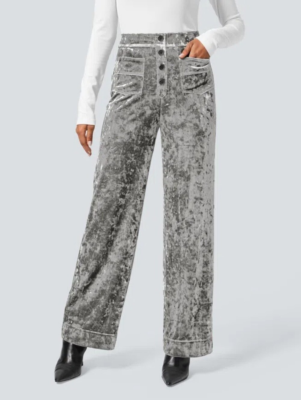 NWoT HALARA Silver Velvet Front Pockets High Waisted Straight Leg Pants S - Picture 2 of 6